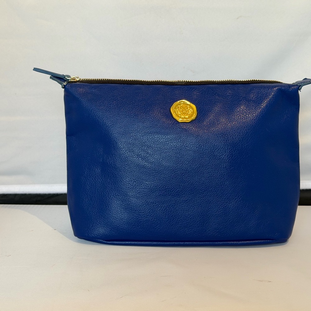 Anna Griffin Blue Faux Leather Cosmetic Bag Gold Medallion Zipper Clutch Pouch